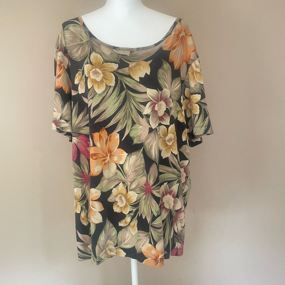 Rafaella 1X Art To Wear Floral Short Sleeve Cotton Blend Top Earth Tones